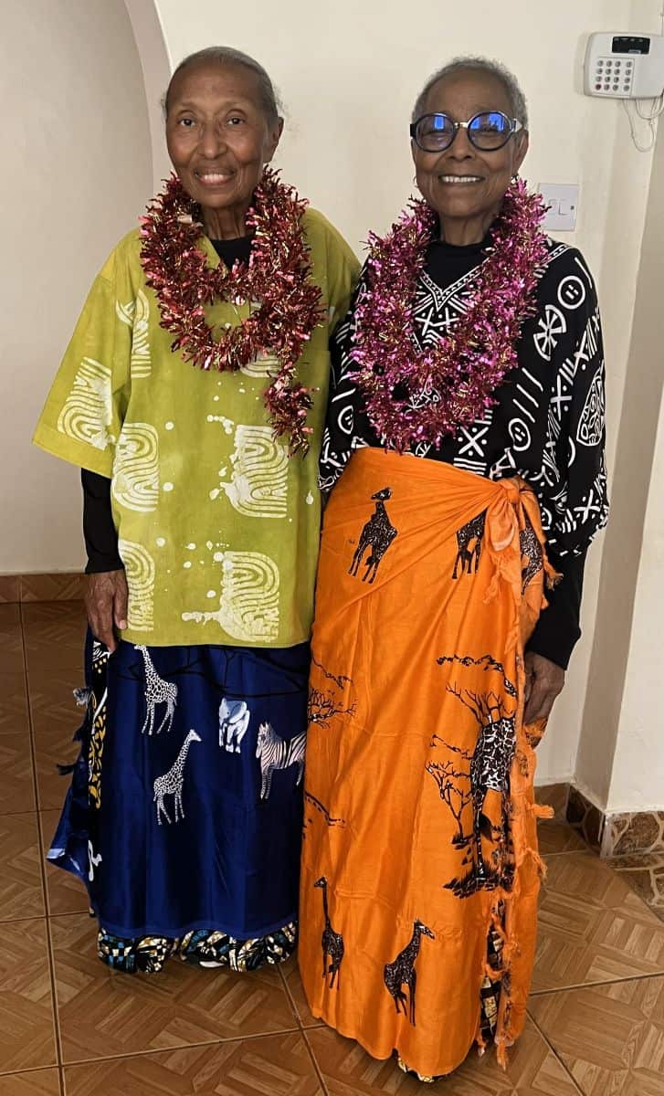A picture of Srs. Gayle and Barbara in their borrowed Kenya outfit.