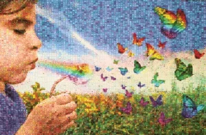 This butterfly mosaic is a collection of artworks by students who lived at Vista Maria in Penns., a sponsored ministry.