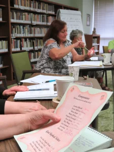 Companions gathering together in a library.