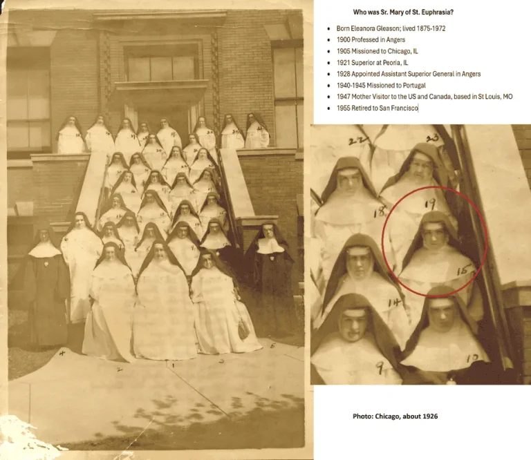 A class photo and a small photo with Sr. Euphrasia circled.