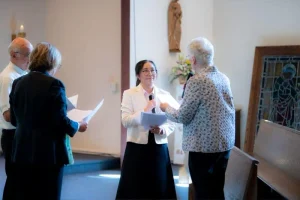 Sr. Theresa Nguyen and Sr. Maureen McGowan, regional leader, at Sr. Theresa's first vows ceremony. 